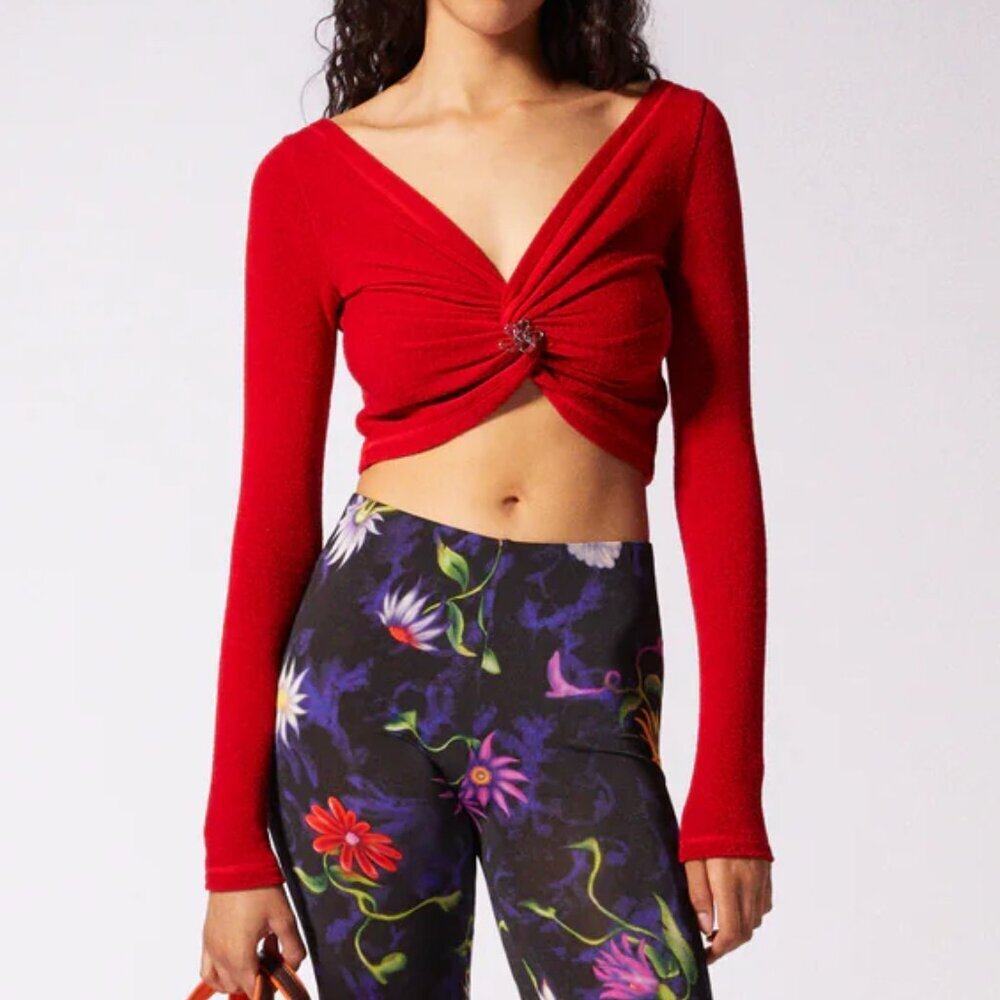 NWT MACCAPANI The Angela Twist Detail Long Sleeve Y2K 90's Crop Top in Red Sz. L